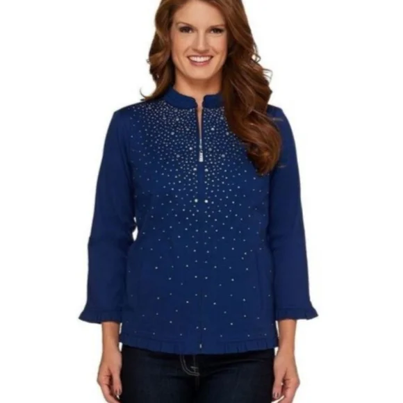 Quacker Factory Sparkle Stretch Embellished Ruffle Navy Blue Jacket - Picture 13 of 13